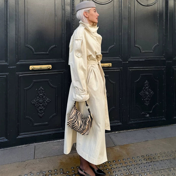 Women’s longer lighter trench coat with wide shawl collar and dropped shoulder Amarae