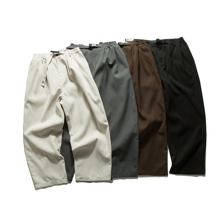 Men's Wide Relaxed Twill Pants with Elastic Waistband, D-Ring Belt, and Pleats Amarae