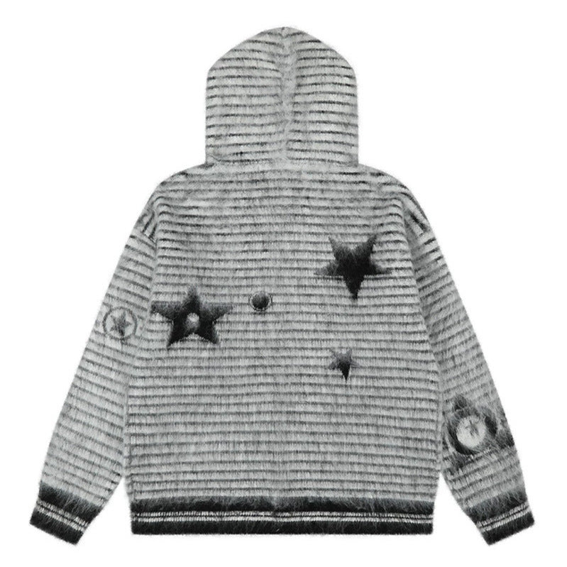 Women's Hooded Cardigan with Fur Trim, Striped Mohair Look and Star Appliqués Amarae