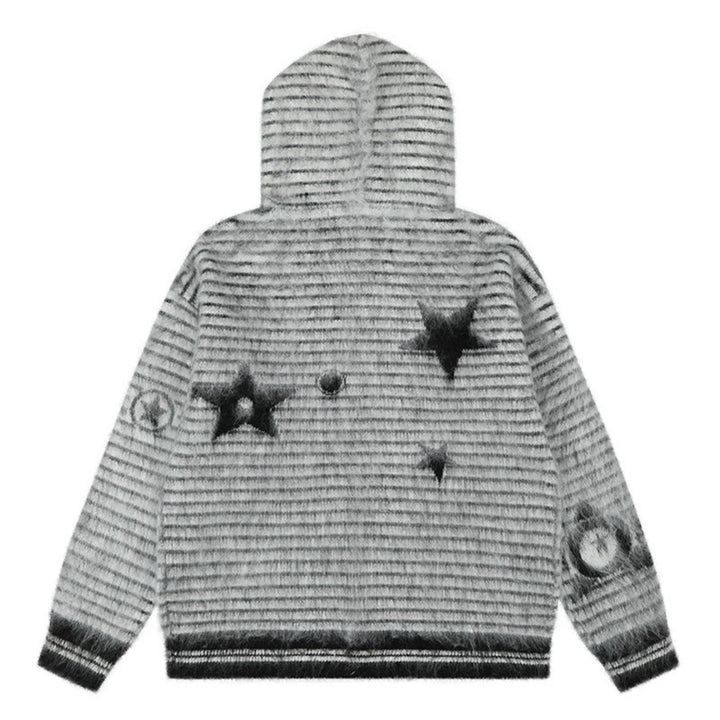 Women's Hooded Cardigan with Fur Trim, Striped Mohair Look and Star Appliqués Amarae