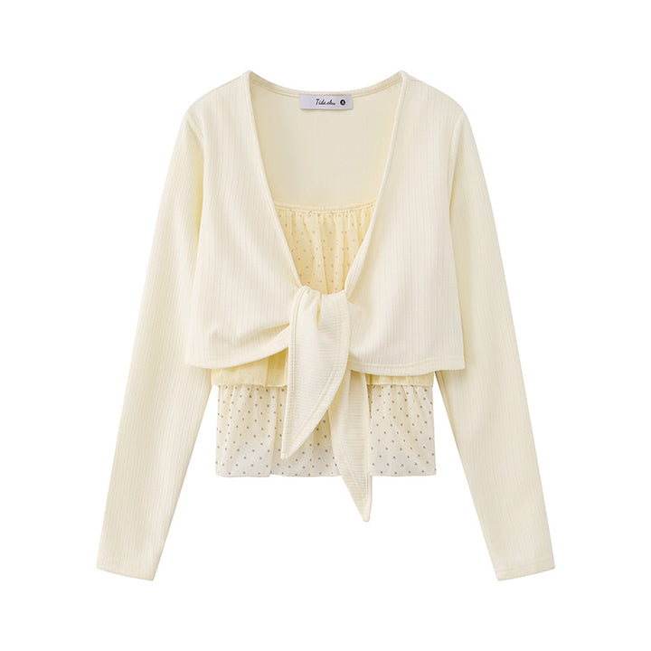 Women's Two-Piece Long Sleeve Top with Knot Front and Delicate Chiffon Under Top Amarae