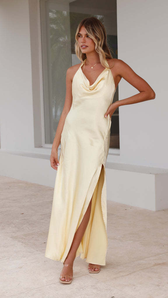 Women Elegant Long Dress with Chic Waterfall Neckline and High Slit Lune London
