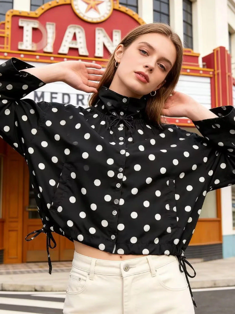 Women Lightweight Dotted Transition Jacket with Stand-up Collar, Drawstring & Loose Silhouette Amarae