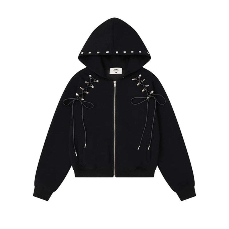 Women's hooded sweat jacket with lacing, metal eyelets, and long zipper Amarae