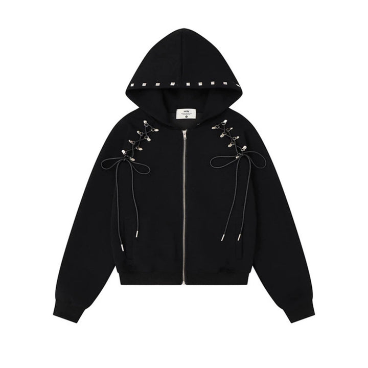 Women's hooded sweat jacket with lacing, metal eyelets, and long zipper Amarae