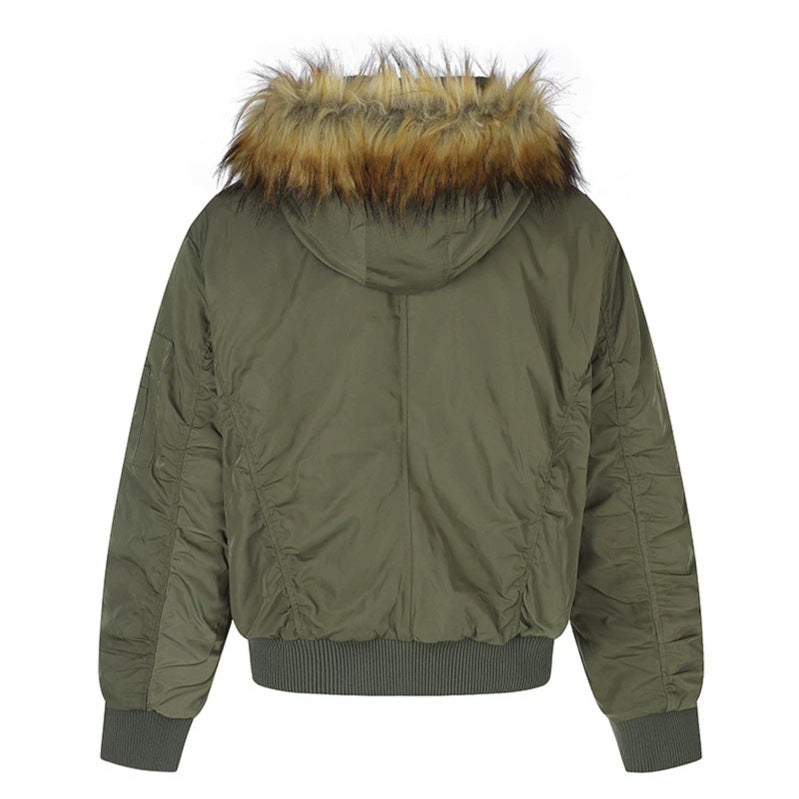 Women's short-cut bomber jacket with faux fur hood and eyelet application Amarae