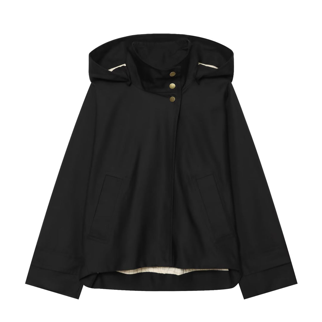 Ladies Short Water-Repellent Hooded Jacket with Snap Button Placket and Patch Pockets Amarae