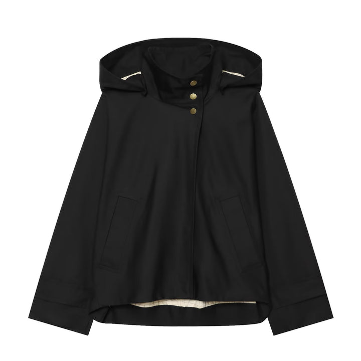 Ladies Short Water-Repellent Hooded Jacket with Snap Button Placket and Patch Pockets Amarae