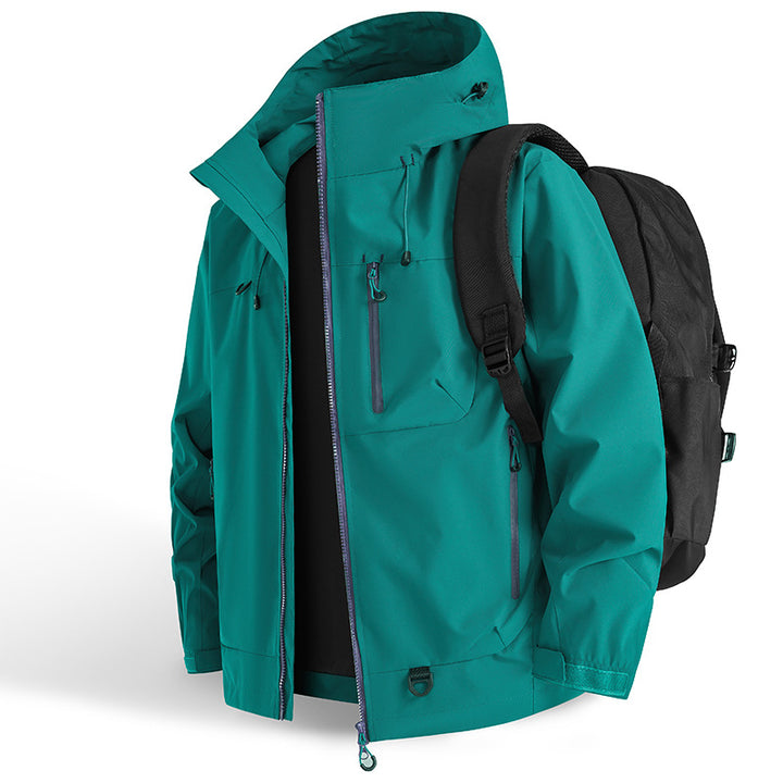 Functional outdoor jacket for men with adjustable hood drawstring and practical zip pockets Lune London