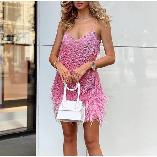 Amarae | Neckline Strap Dress with Feather Embroidery