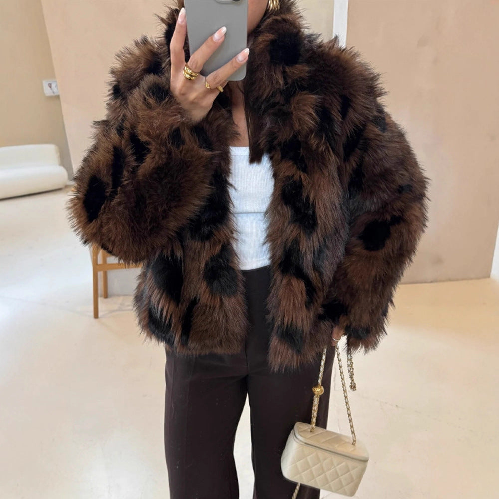 Women's Boxy Short Jacket made of Woven Fur with Natural Fur Look and Wide Shawl Collar Amarae