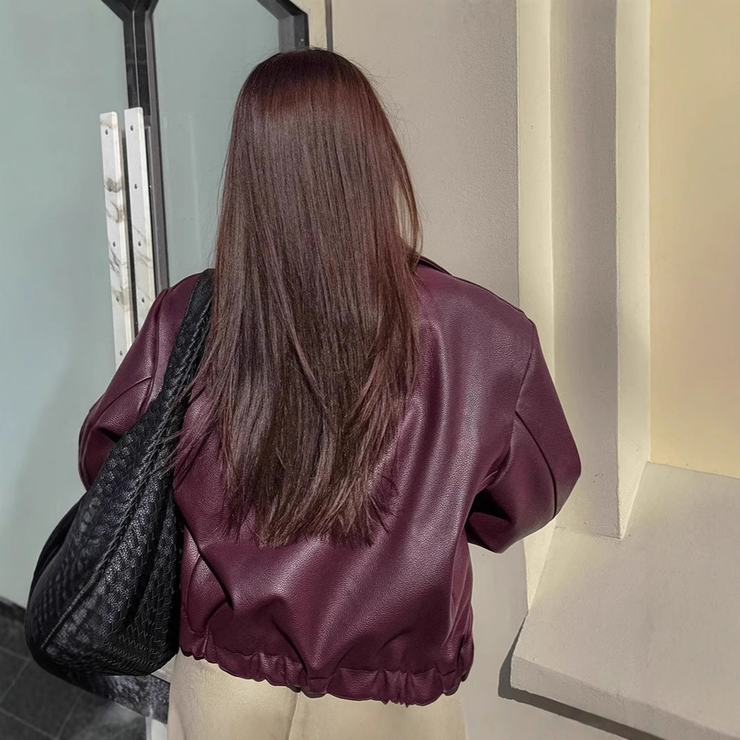 Modern cropped leather jacket for women with large collar Lune London