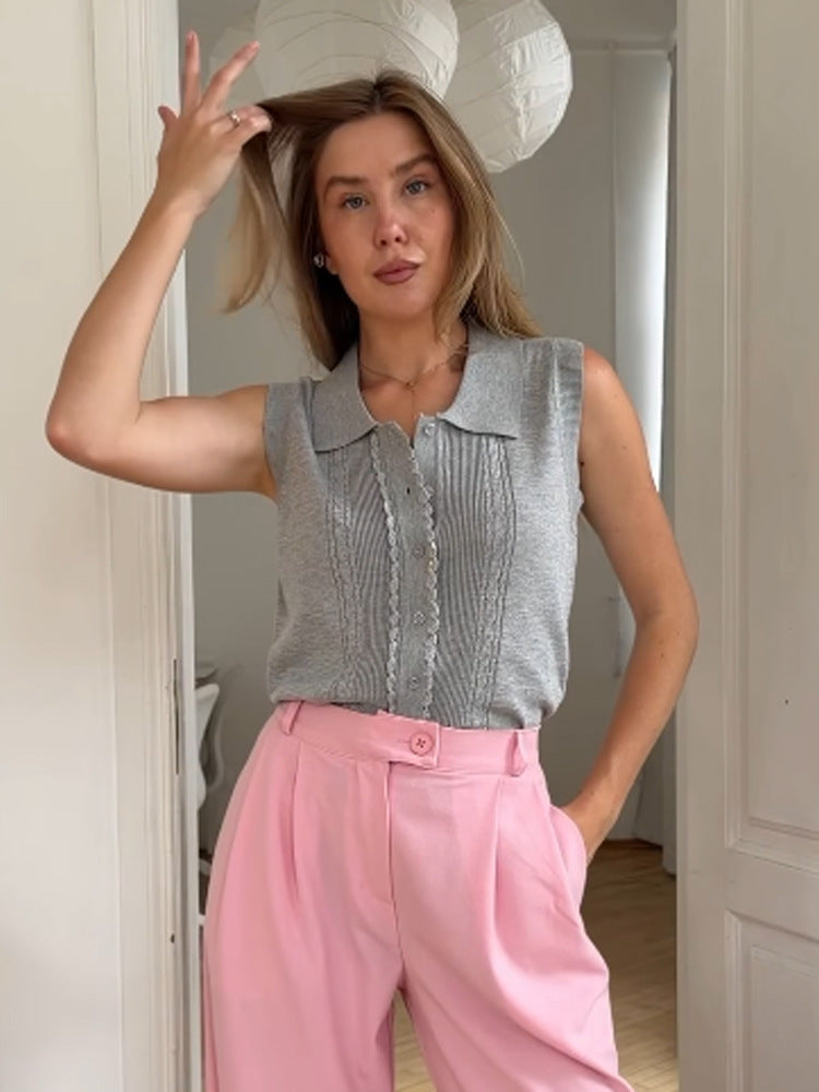 Women's Sleeveless Knit Top with Shirt Collar, Decorative Button Placket and Fine Texturing Amarae