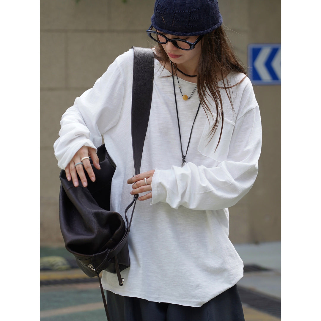 Women's Loose Slub-Jersey Long Sleeve Shirt with Chest Pocket and Casual Hem Amarae