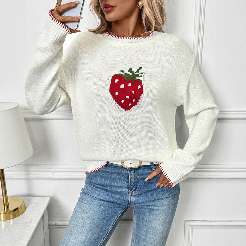 Knitted sweater for women with strawberry fruit pattern and relaxed fit Lune London