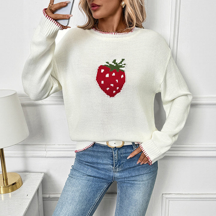 Knitted sweater for women with strawberry fruit pattern and relaxed fit Lune London