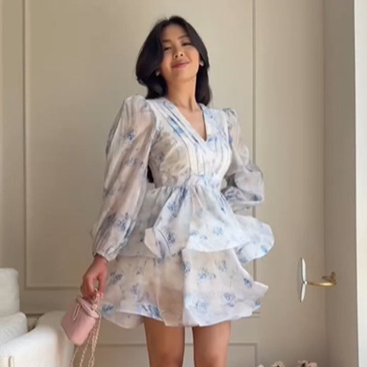 Women's Floral Chiffon Mini Dress with V-Neck, Ruched Waist and Layered Ruffle Skirt Amarae