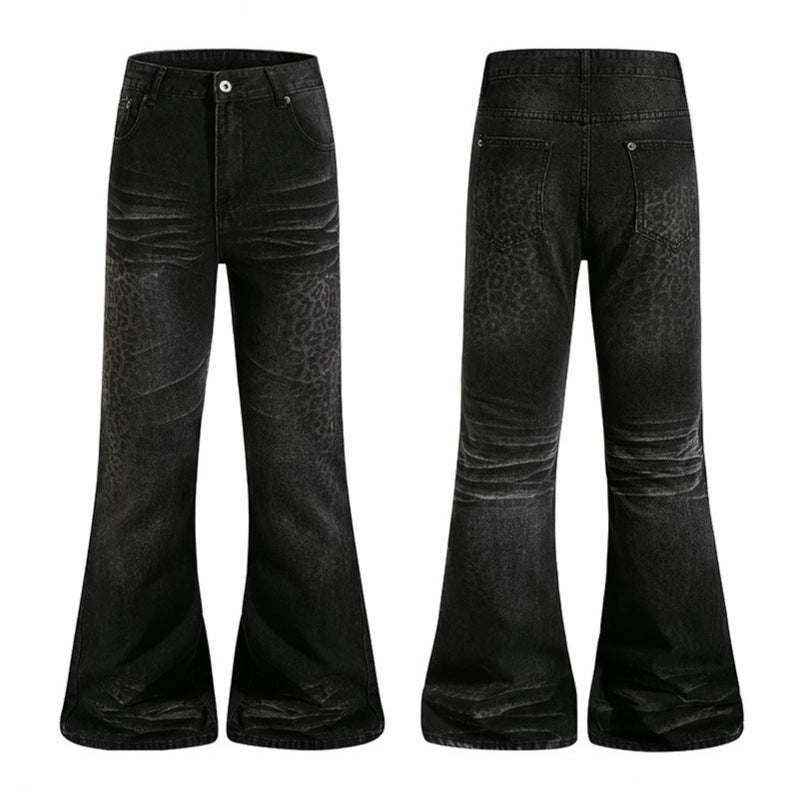 Women's High-Cut Flared Jeans with Subtle Leo Print and Used Wash Amarae