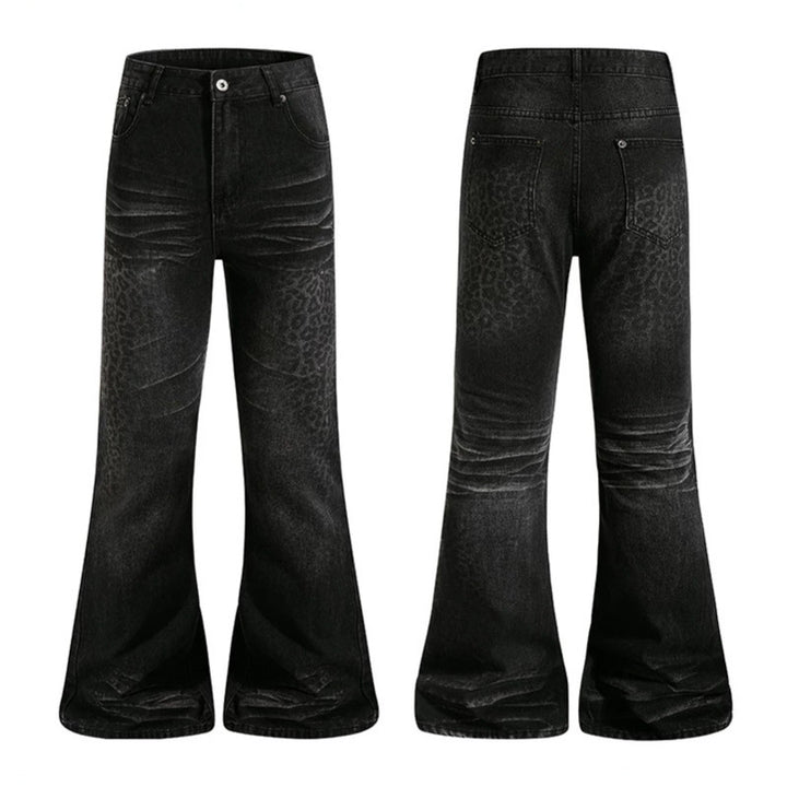 Women's High-Cut Flared Jeans with Subtle Leo Print and Used Wash Amarae