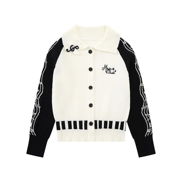Women's cardigan with contrast sleeves, musical embroidery and polo collar Amarae