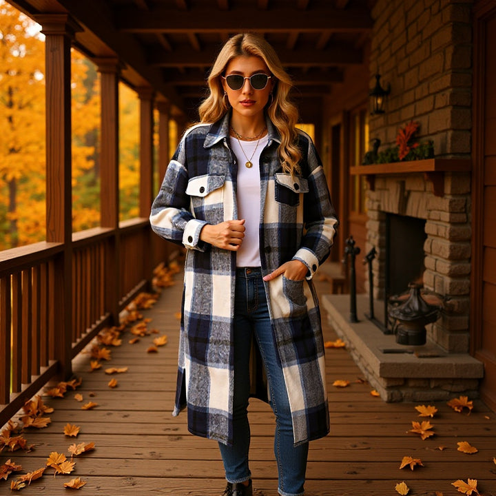 Women Checkered Longline Shirt Jacket Coat with Patch Pockets Amarae