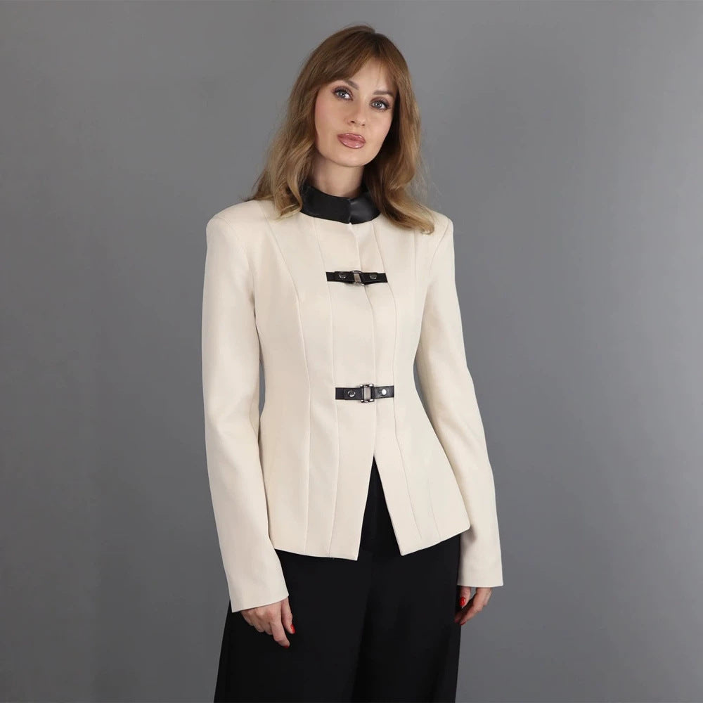 Women's Tailored Blazer with Stand-Up Collar, Waist Seams, and Decorative Strap Closures Amarae