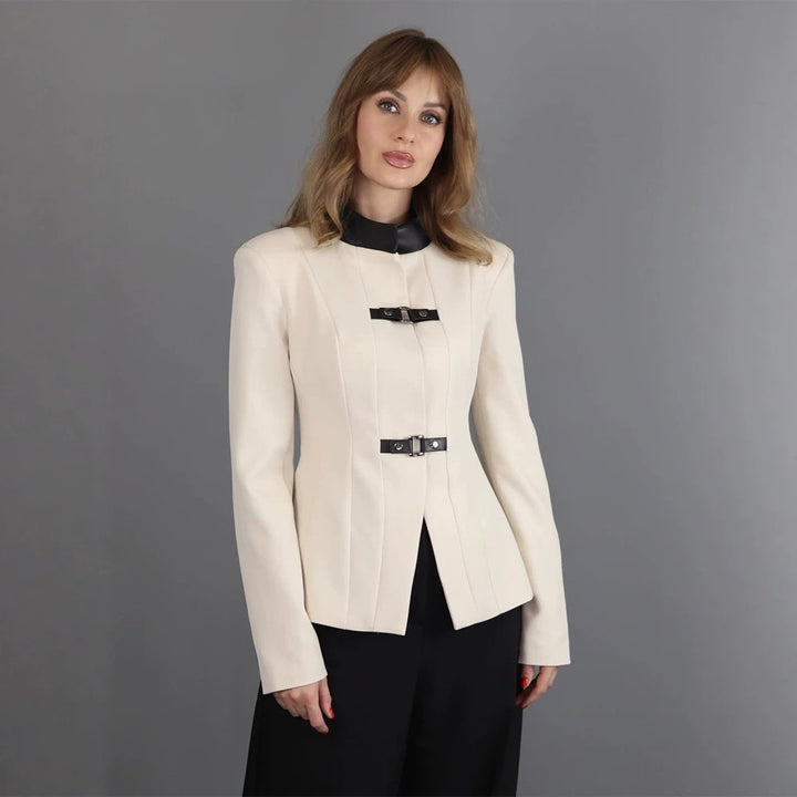 Women's Tailored Blazer with Stand-Up Collar, Waist Seams, and Decorative Strap Closures Amarae