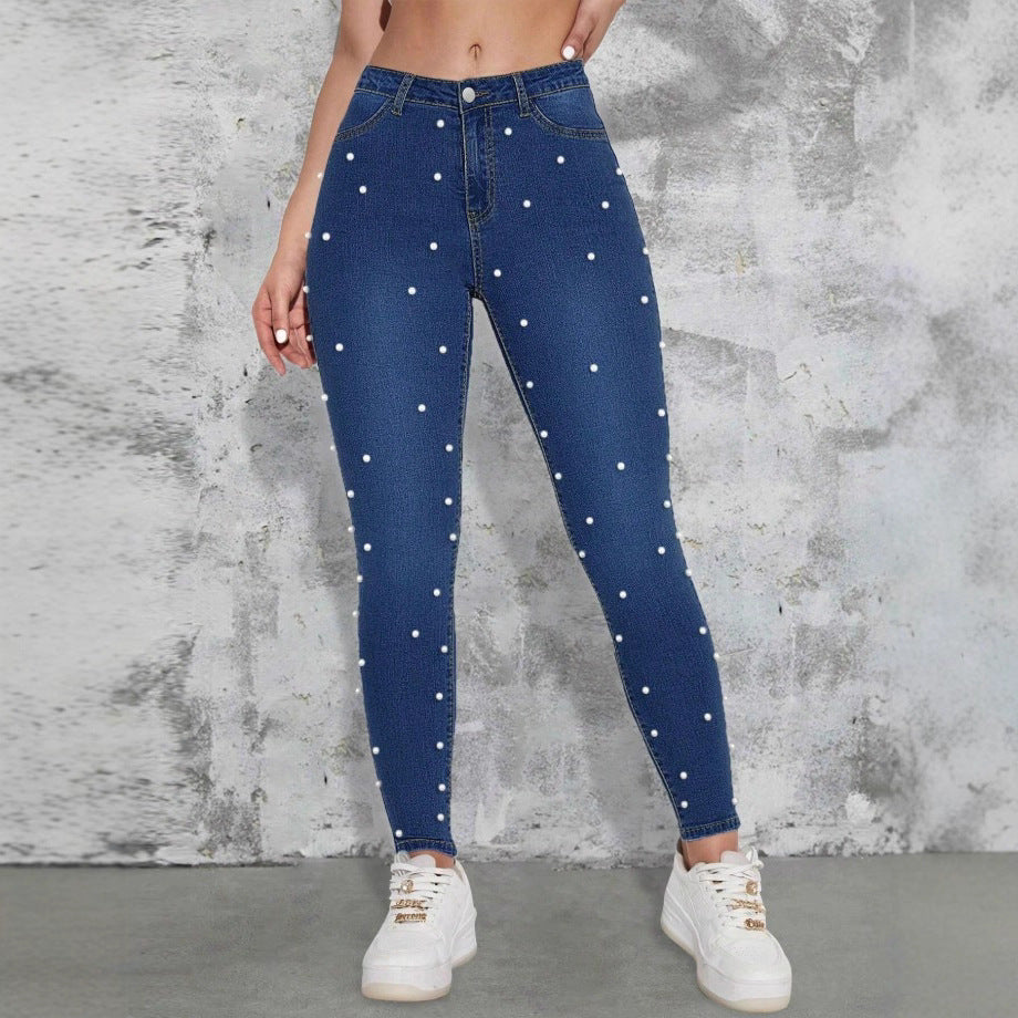 Ladies high-waisted skinny jeans with pearl embellishment Amarae