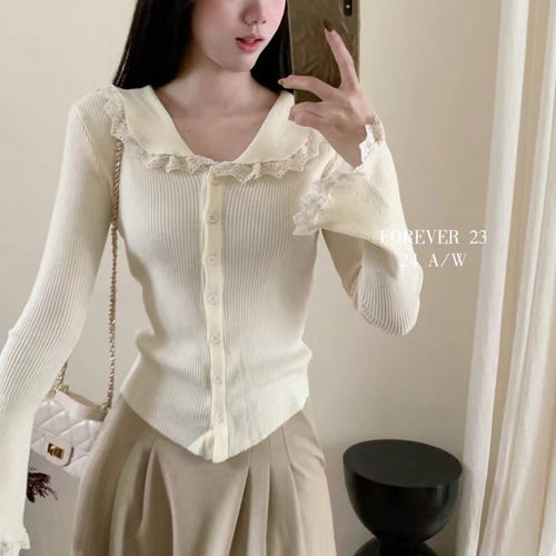 Women's Long Sleeve Ribbed Top with Lace Details
