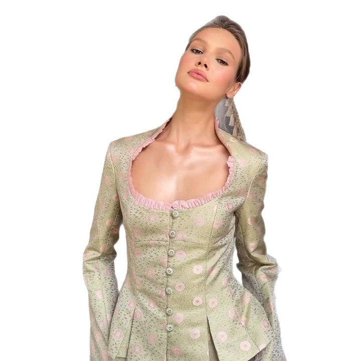 Women's Short-Cut Brocade Bustier with Corset Silhouette, Heart-Shaped Neckline & Decorative Button Placket Amarae