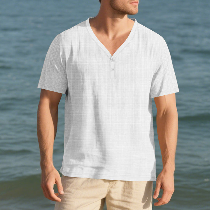 Men's short sleeve Henley shirt with textured design and stylish accents Lune London