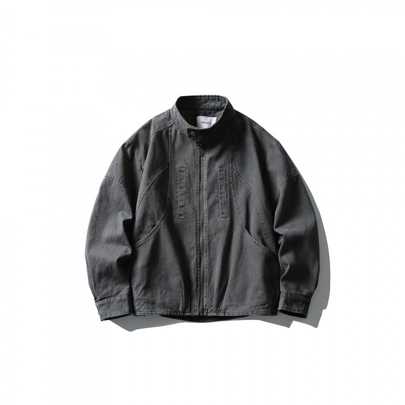 Men's Lightweight Worker Jacket made of Stonewashed Cotton Blend with Stand Collar Amarae