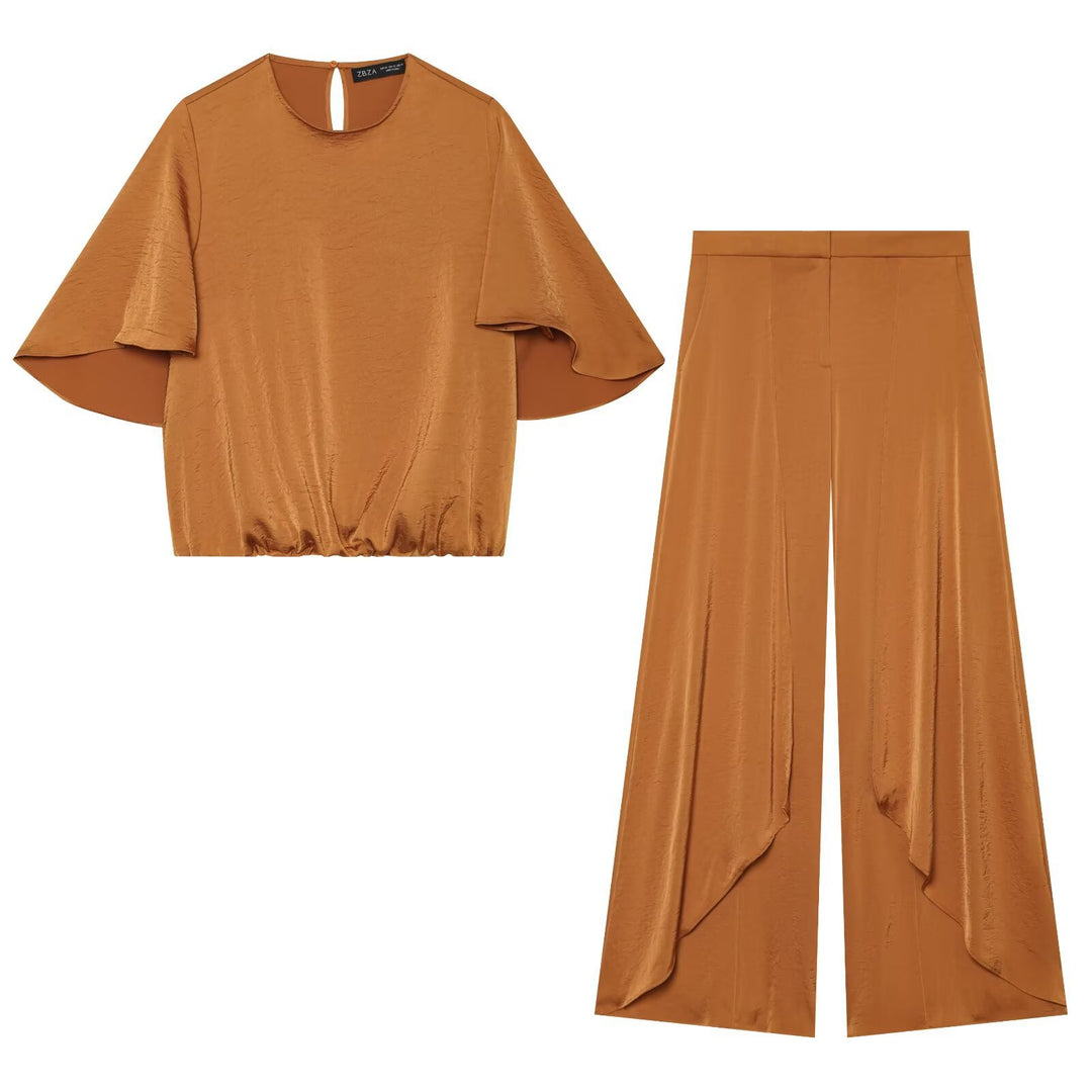 Women's Flowing Satin Pants in Palazzo Cut with Draped Ruffle Panels Amarae