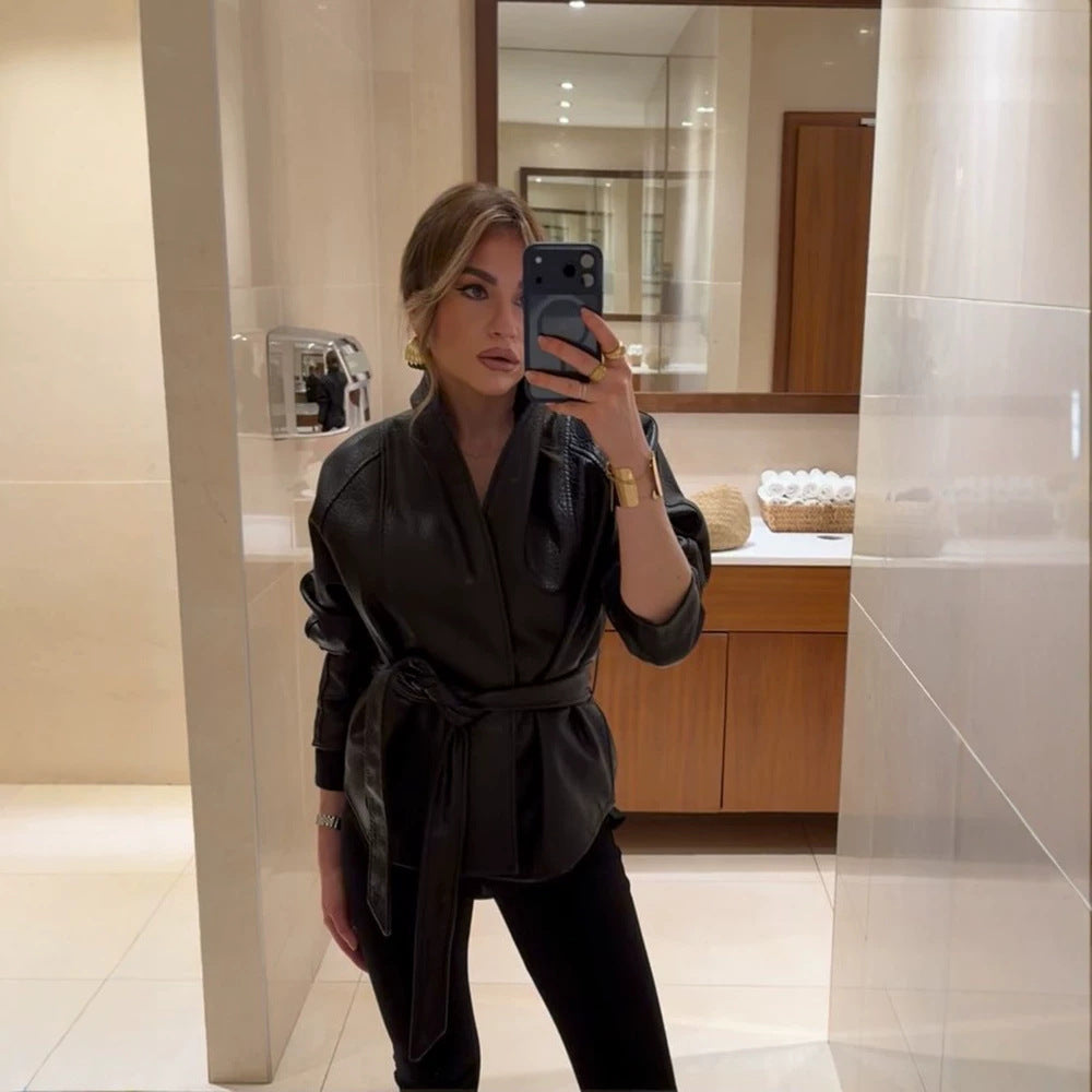 Women's Tailored Leather Jacket with Wrap Belt and Kimono Collar Amarae