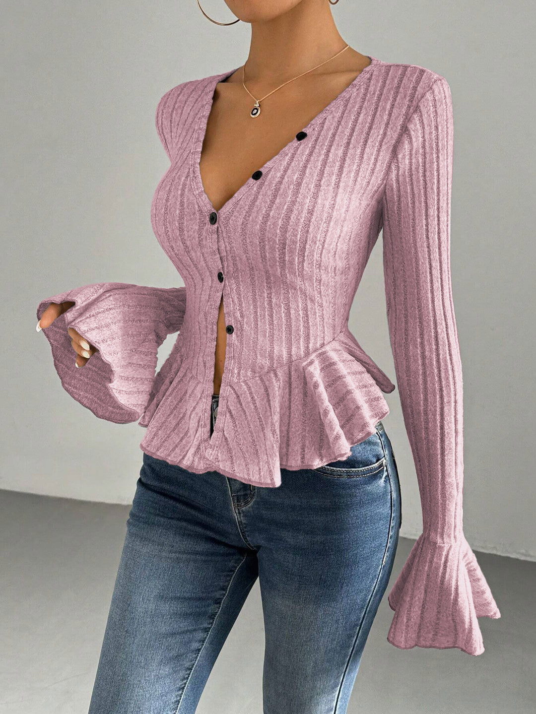 Lady knit top with refined pleated design and button placket Lune London