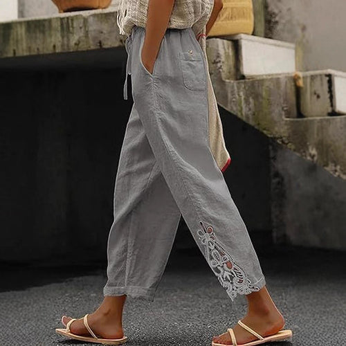 Airy linen trousers for ladies with decorative embroidery Amarae