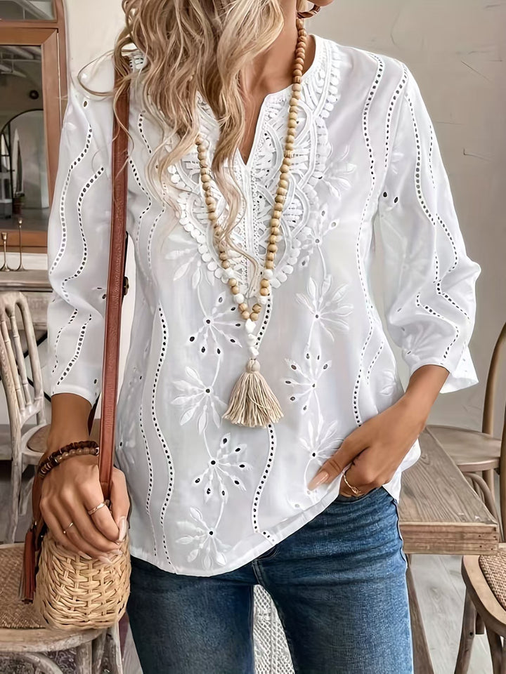 Embroidered blouse for women with an elegant V-neck and 3/4 sleeves Lune London