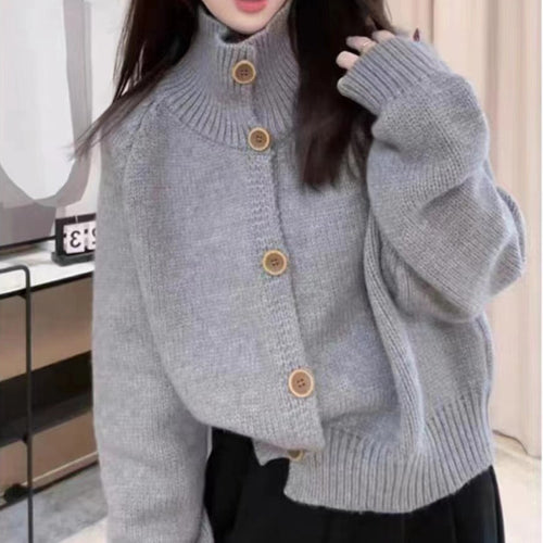 Comfortable cardigan for women with high collar and decorative buttons Amarae