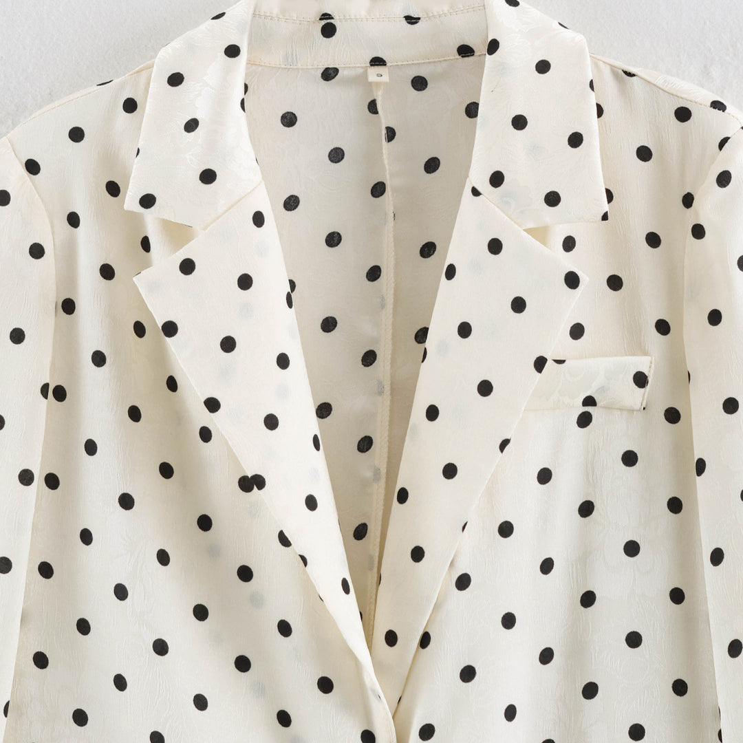 Ladies Light Polka Dot Blazer with Lapels, Drawstring Waist and Flap Pockets Amarae