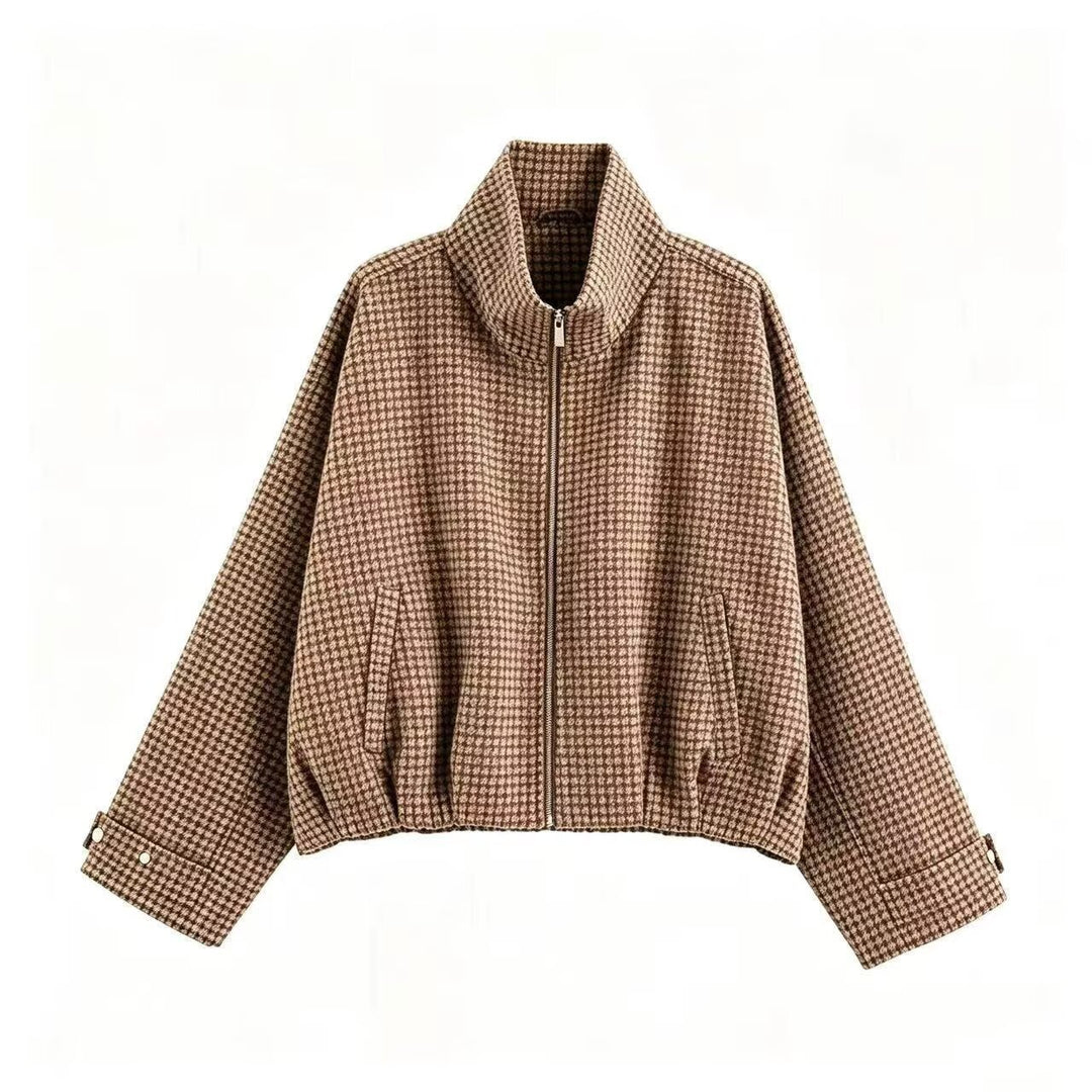 Women's Cropped Transition Jacket with High Funnel Collar, Check Pattern and Elastic Hem Amarae