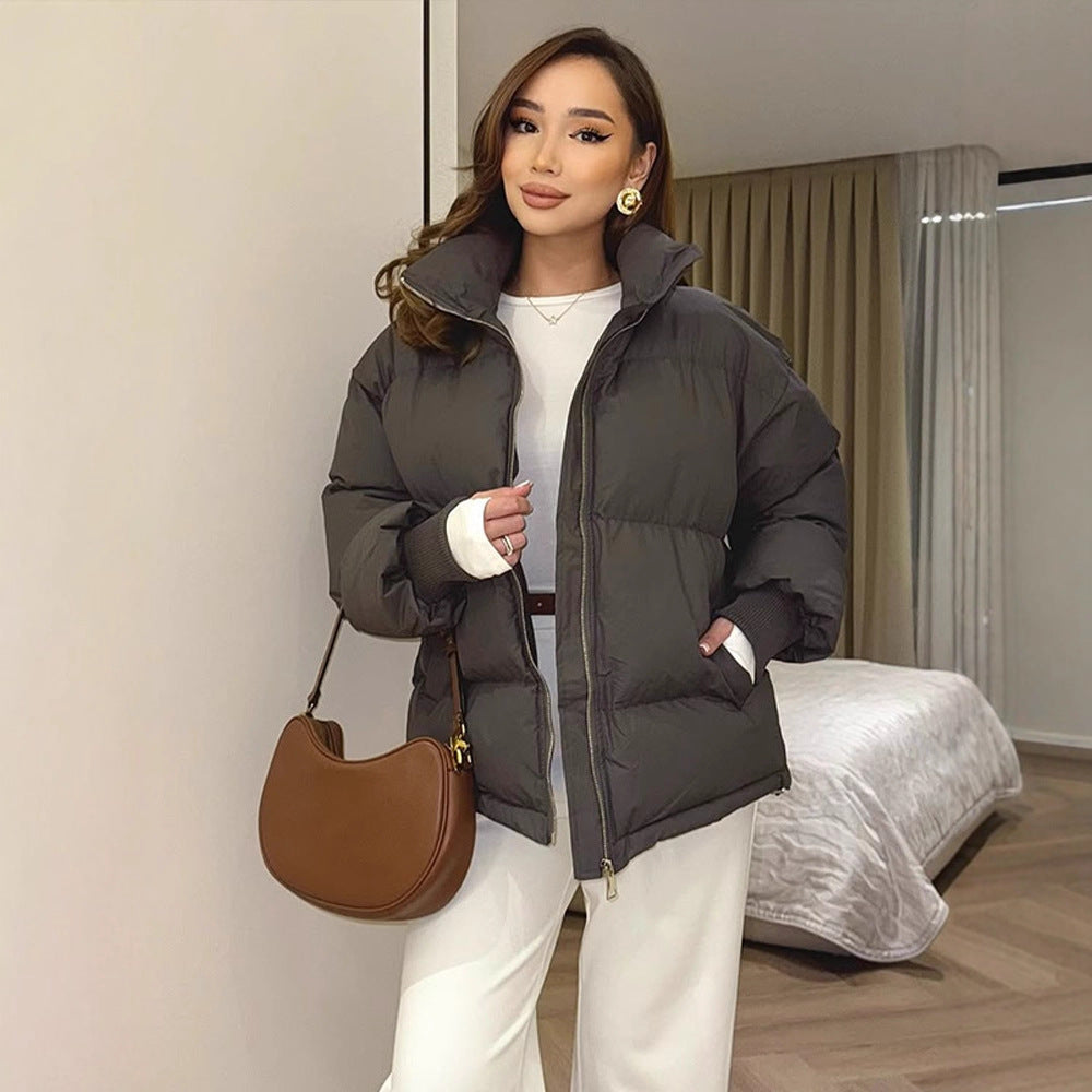 Women Short Tailored Puffer Jacket with Ribbed Cuffs and High Stand-Up Collar Amarae