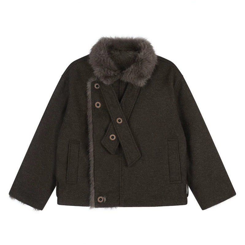 Women's short wool jacket with faux fur trim and asymmetric button placket Amarae