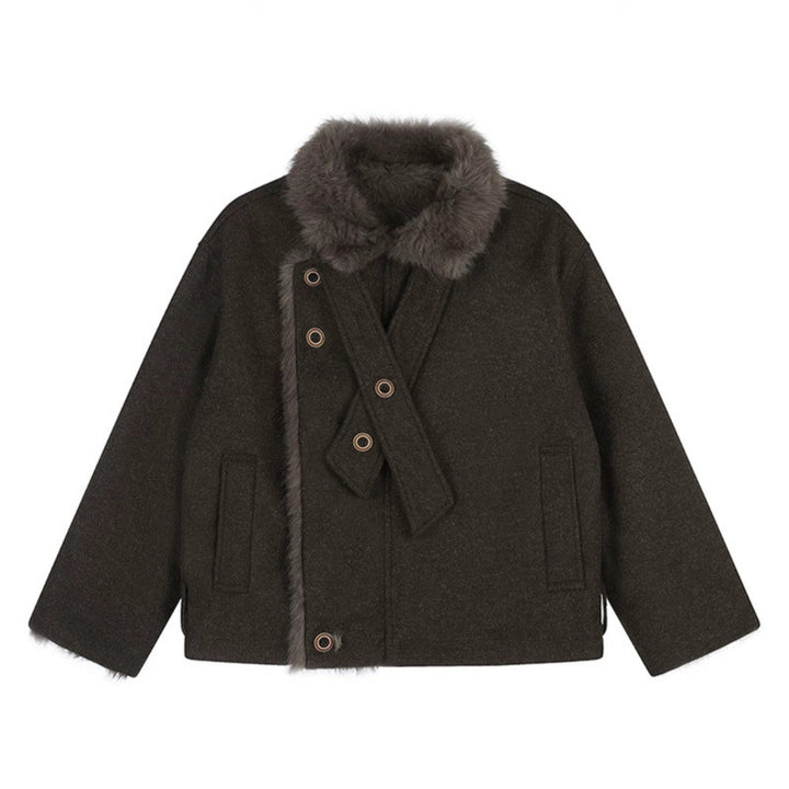 Women's short wool jacket with faux fur trim and asymmetric button placket Amarae