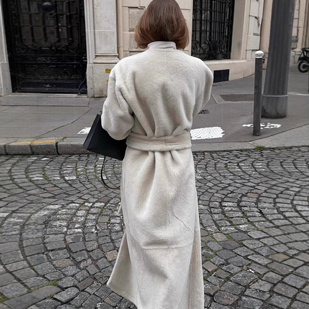 Women's Oversize Longer Faux Fur Coat with Waist Belt and Stand-up Collar Amarae