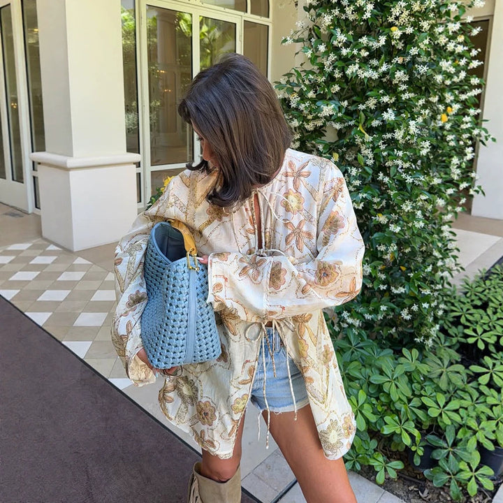 Women's Embroidered Linen Tunic Jacket with Drawstring, Volume Sleeves & Loose Silhouette Amarae
