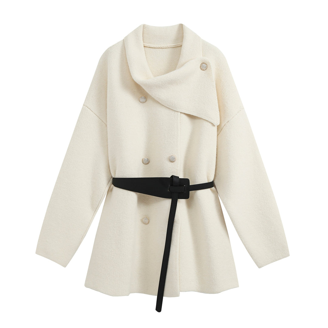 Women's Short Blouson Coat in Cocoon Cut with Asymmetrical Shawl Collar and Waist Belt Amarae