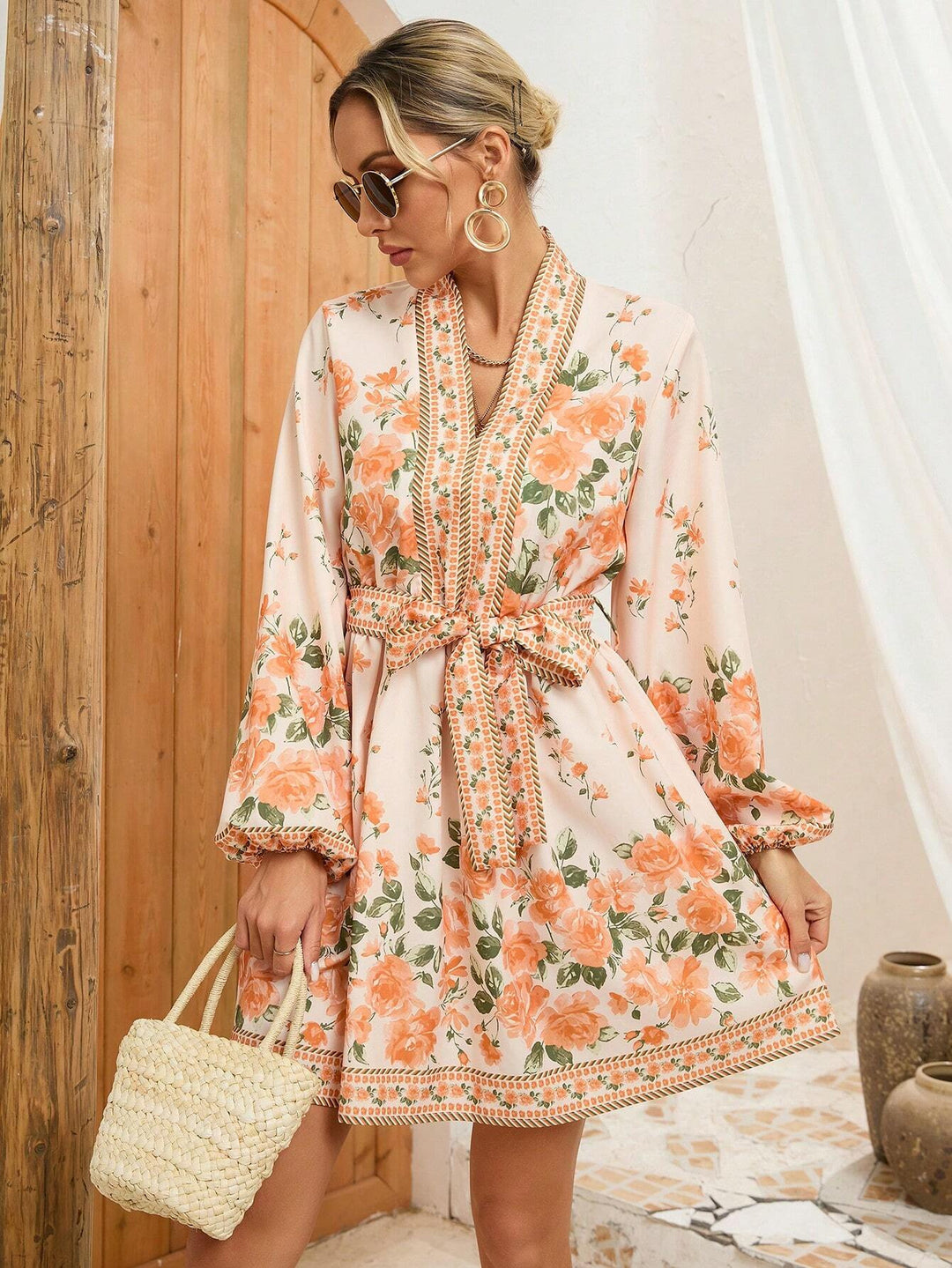 Floral summer dress for women with an elegant drawstring waist and long sleeves Lune London