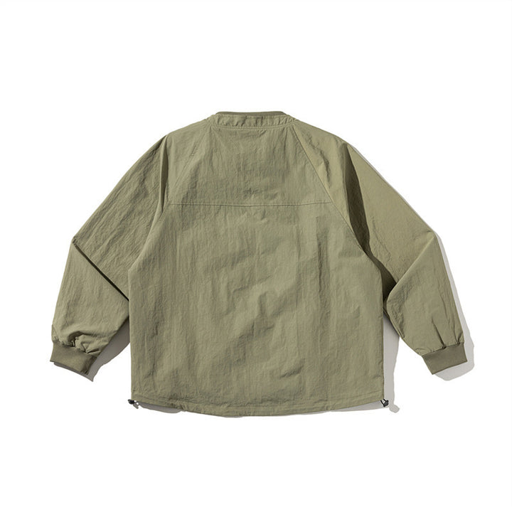 Unisex Lightweight Boxy Field Jacket without Collar with Raglan Sleeves, Patch Flap Pockets and Drawstring Amarae