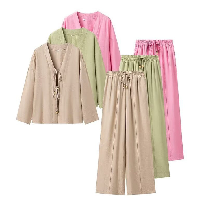 Ladies Lightweight Two-Piece Lounge Set with V-Neck and Loose Elastic Waist Pants Amarae