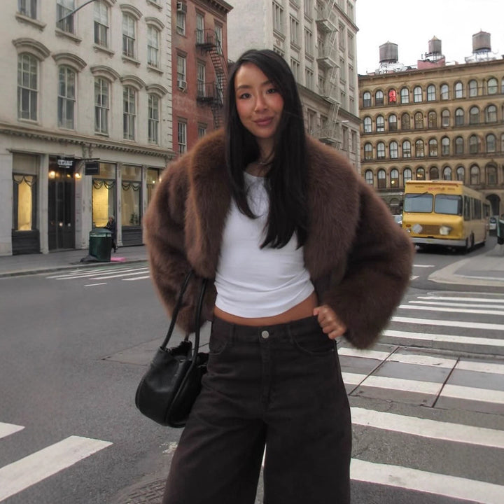 Women's short coat made of vegan high-pile faux fur with oversized shawl collar Amarae